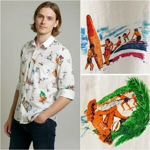 120% LINO Long Sleeve Button Up Linen Beachy Surf Pinup Shirt Size XL RARE